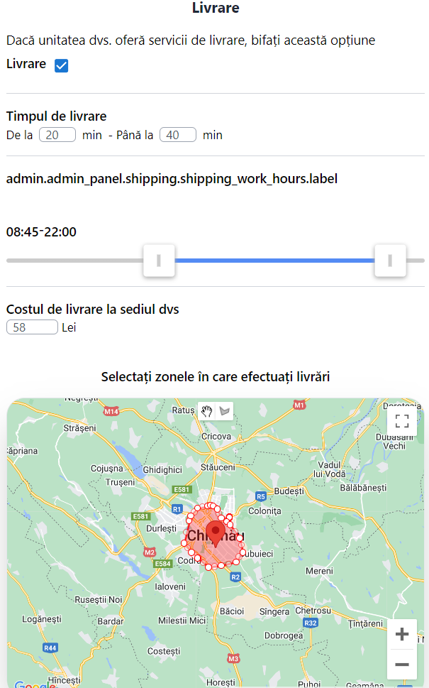 Configurarea zonei și a orei de livrare a restaurantului